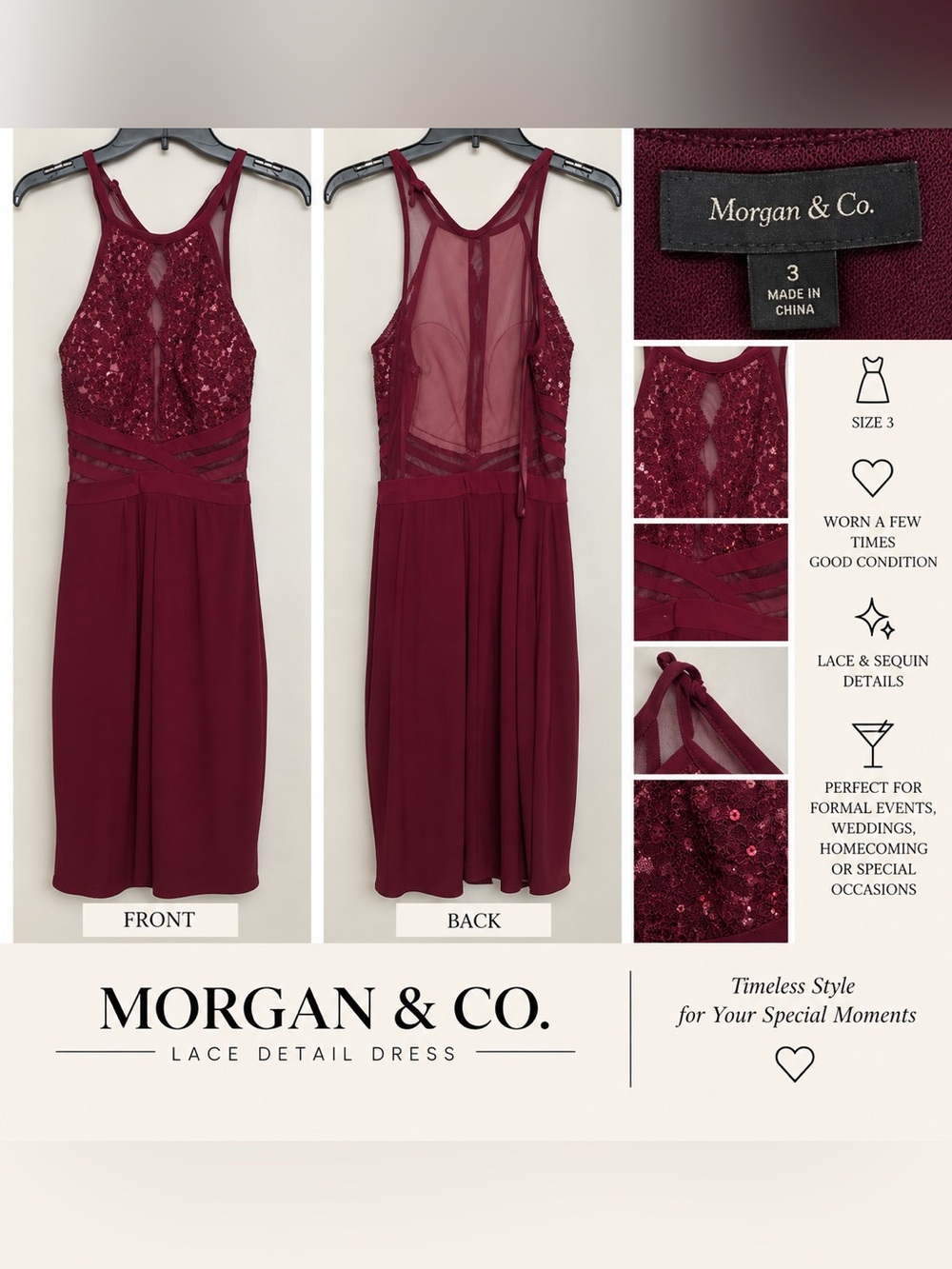 Morgan & Co. Burgundy Lace & Sequin Midi Dress